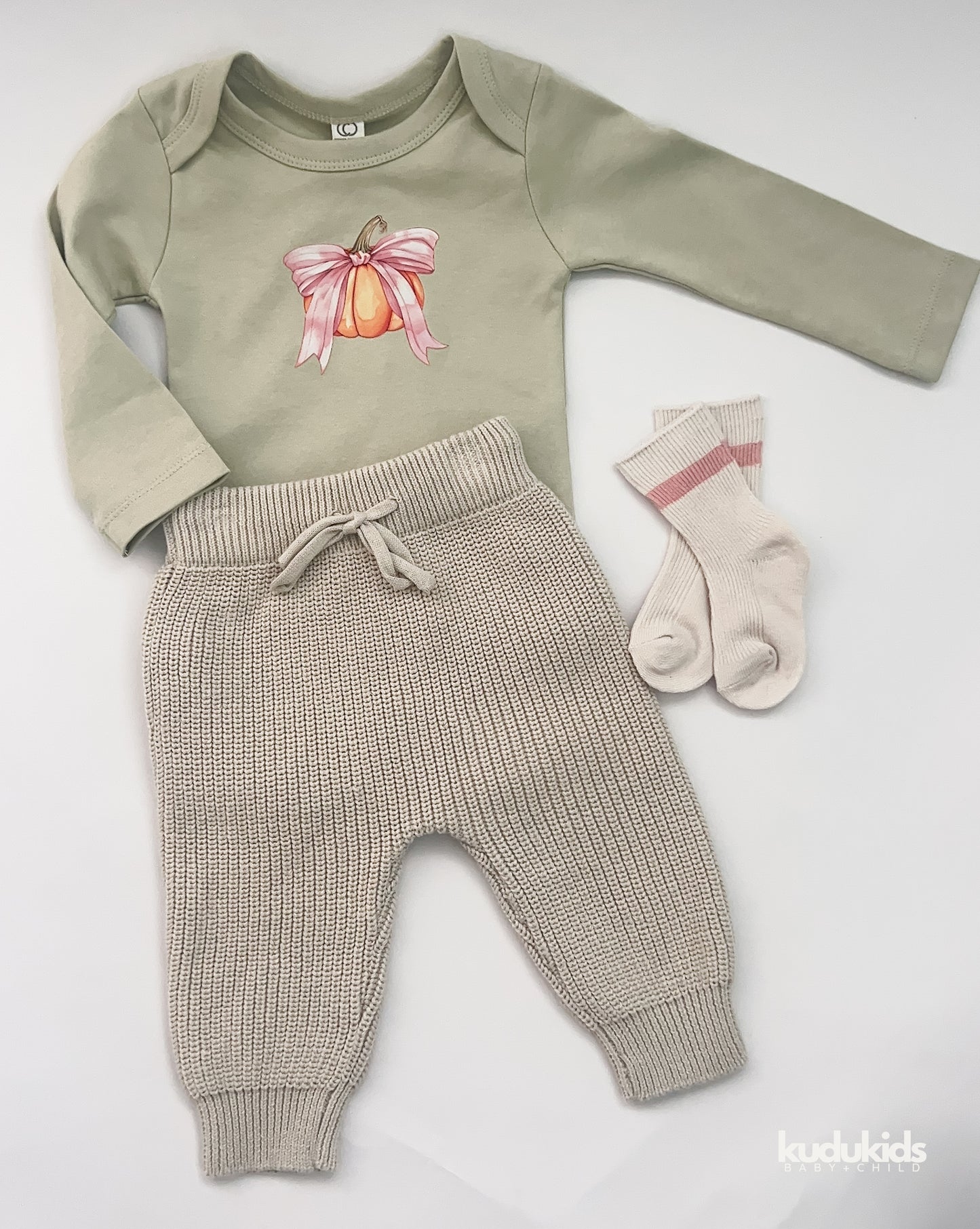 Organic Cotton Long Sleeve Bodysuit / Sage Bow