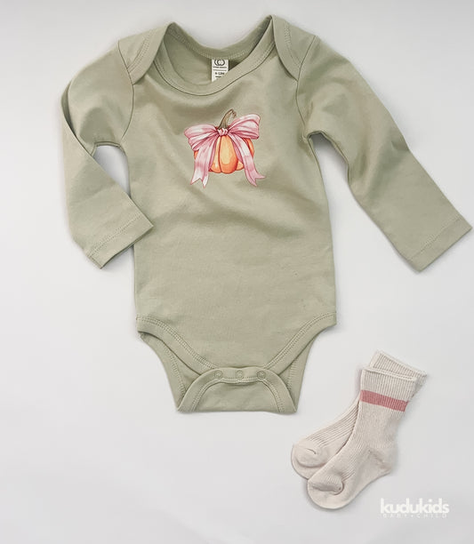 Organic Cotton Long Sleeve Bodysuit / Sage Bow