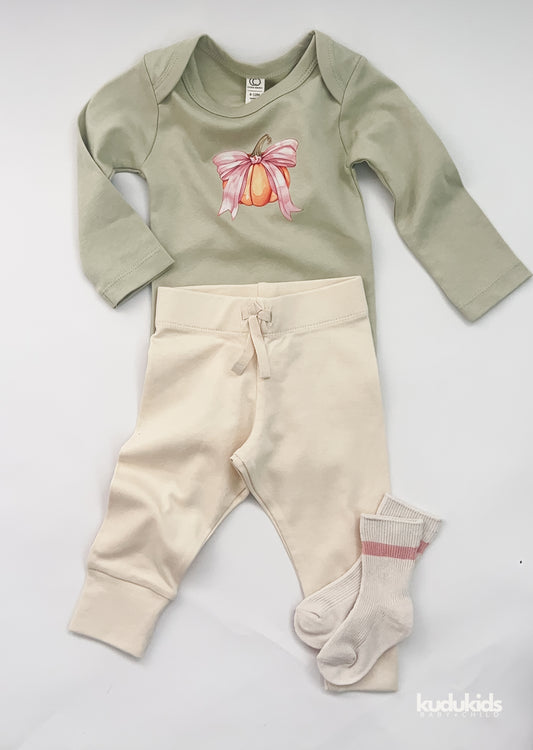 Organic Cotton Long Sleeve Bodysuit / Sage Bow