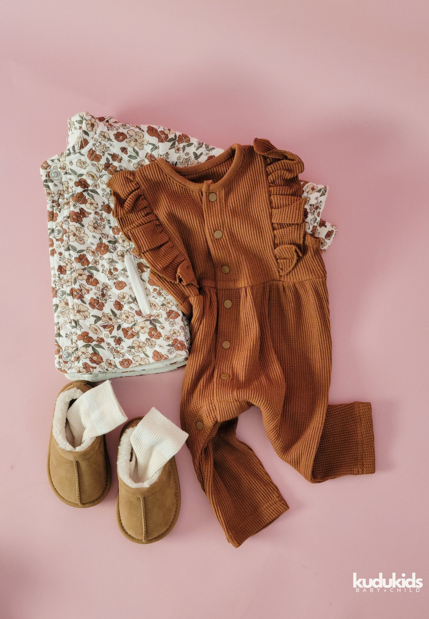 Organic Cotton Waffle Ruffle Coverall / Caramel