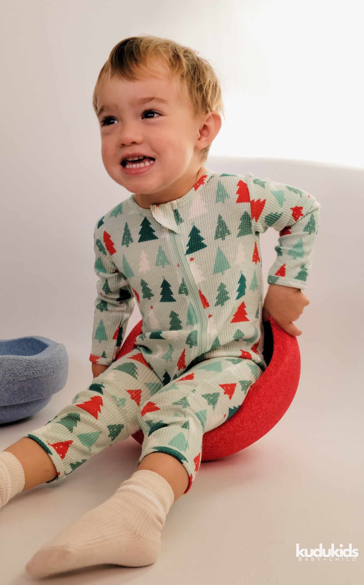 Organic Waffle Basic Zip Romper / Festive Firs